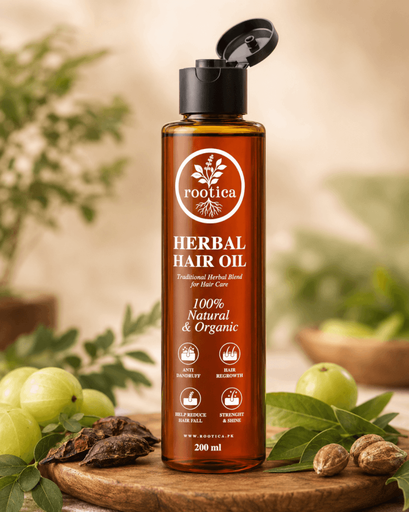 Rootica Herbal Hair Oil open-cap bottle with botanical ingredients