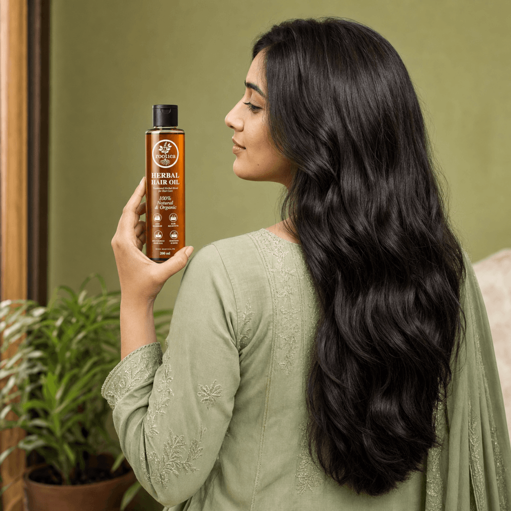 Pakistani woman with long thick hair holding Rootica Herbal Hair Oil 200ml