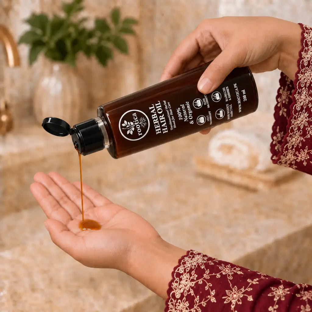 Rootica hair oil poured into an open palm, with maroon embroidered sleeves