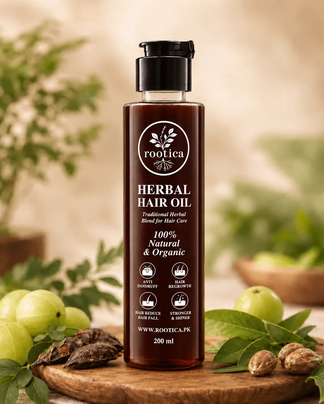Rootica Herbal Hair Oil 200ml bottle with herbs