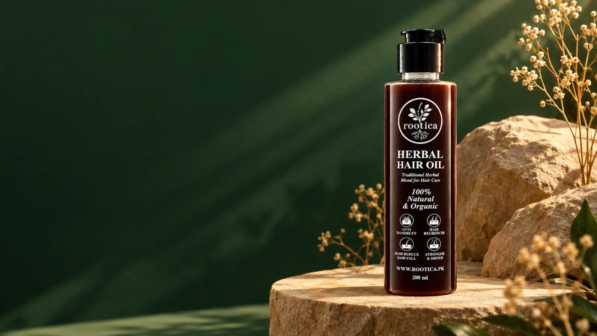 Rootica Herbal Hair Oil 200ml in a botanical setting