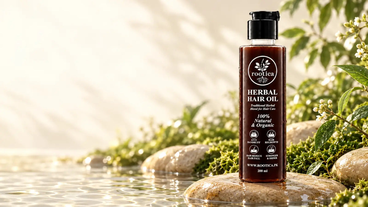 Rootica Herbal Hair Oil 200ml in a botanical setting