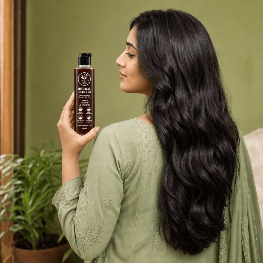 Pakistani woman with long thick hair holding Rootica Herbal Hair Oil 200ml
