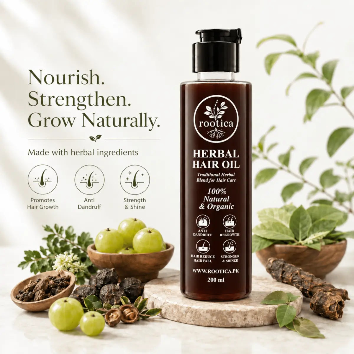 Rootica Herbal Hair Oil 200ml bottle with herbs
